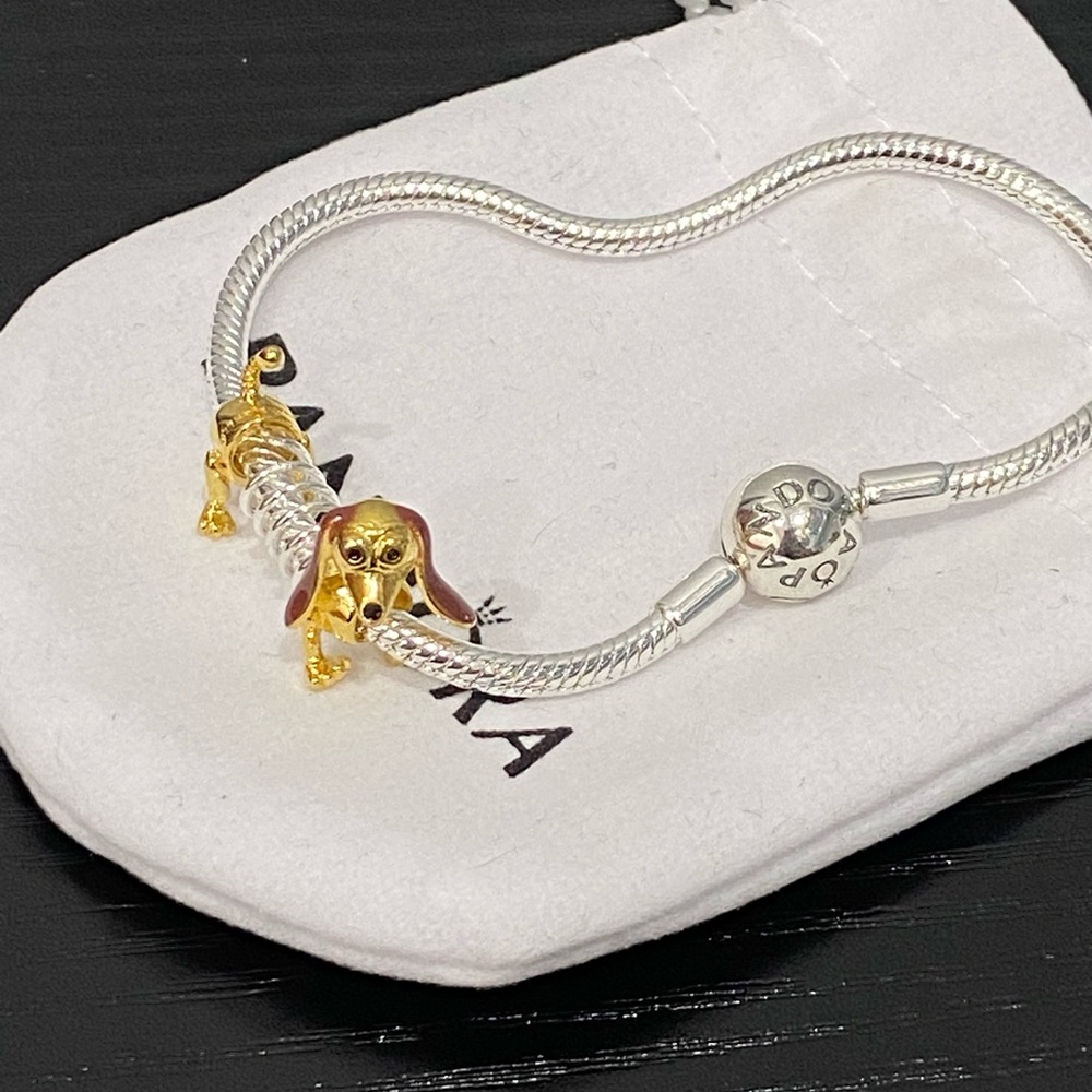 Pandora Silver Bracelet with Gold & Brown Dog Charm